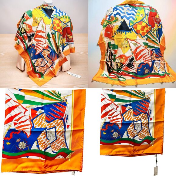 New - Gucci Silk  Scarf 34" Vibrant Colorful Flag orange red white green (48) - Picture 10 of 12